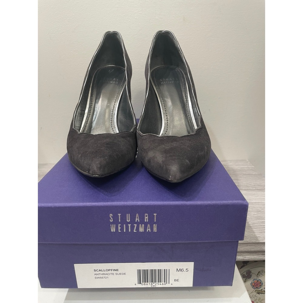 Stuart Weitzman Scallopfine Anthracite Suede Scalloped Pumps Heels 6.5 M SW55721